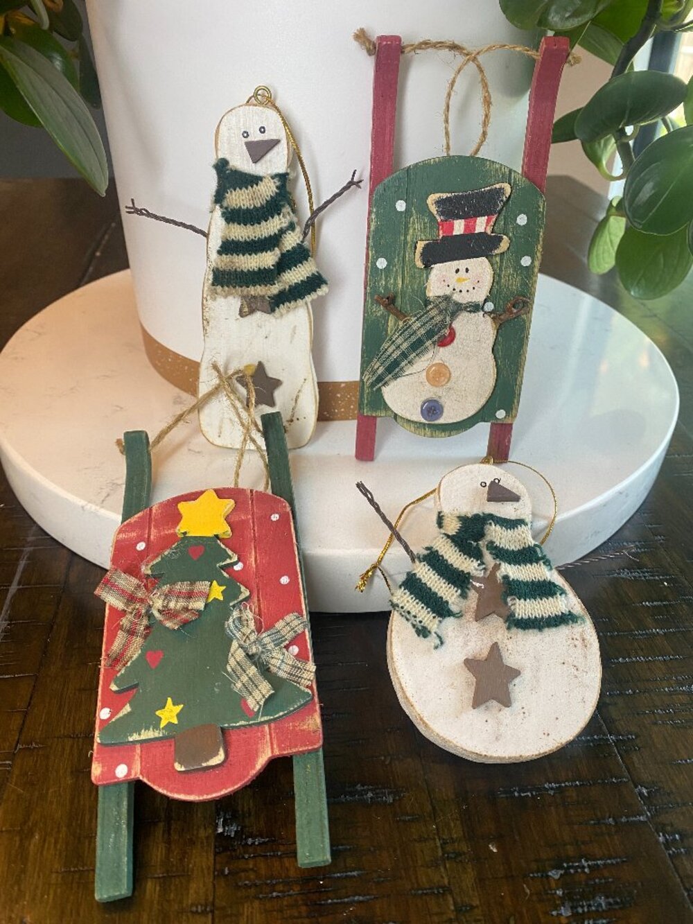 Lot 4 Wood Christmas Ornaments 2 Snowmen Knit Scarves 2 Sleds Rustic Farmhouse